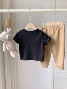 SHEIN Leap Crew Bộ áo thun tay ngắn in hình hoạt hình dễ thương và quần dài lưng thun cho bé trai và bé gái mùa hè - Nhiều màu - Xem 2