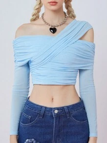 SHEINNeu Women's Spring/Summer Solid Color Asymmetrical Collar Pleated Long Sleeve Short Slim T-Shirt