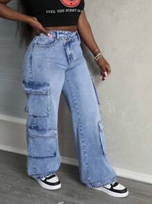 SHEIN Tall Jeans de mezclilla lavada con bolsillo utilitario y cintura asimétrica para mujeres