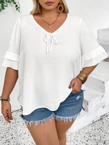 SHEIN CURVE+ Chemise à manches courtes en tissu gaufré blanc - Blanc - Voir 4