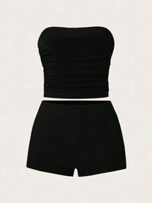 SHEIN Unity Conjunto casual de dos piezas de verano para mujer con parte superior sin tirantes plisada de unicolor y shorts - Multicolor - Ver 7