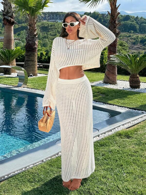 RueChic Ensemble deux pièces en tricot ajouré pour femme, couvrir pour l'été et les vacances à la plage