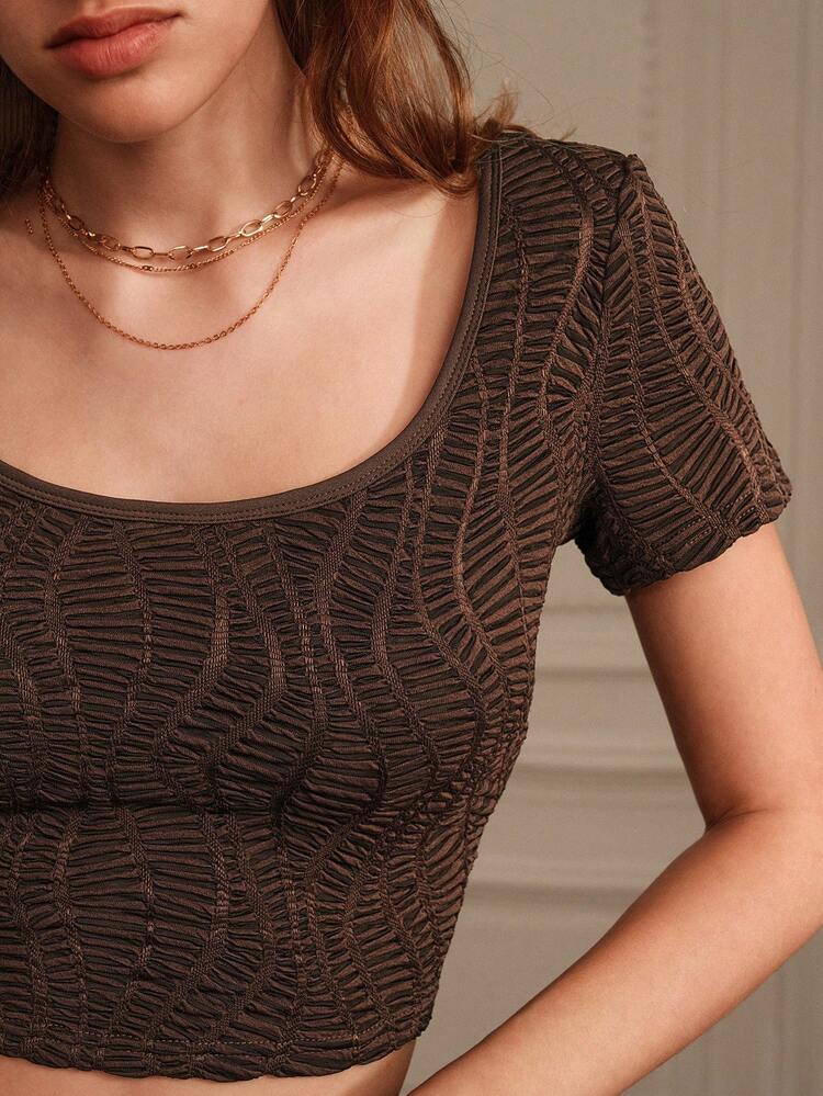 Versatile Lady's Square Neck Texture T-Shirt