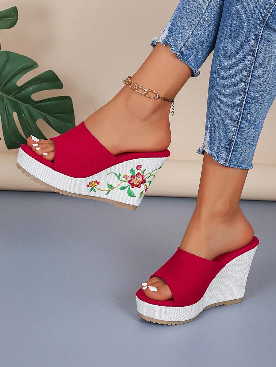 Women's Fashion Random Print Pattern Round Toe Anti-Slip Platform Wedge Sandals Valentines - Red - View 1
