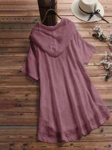 INAWLY Ladies' Hooded Drawstring Long Blouse, Solid Color, Great For Vacation And Casual Wear, Short Sleeve Tops - Rusty Rose - View 2