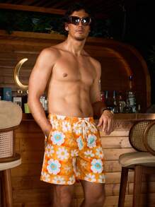 Surfspeed Men's Summer Floral Printed Drawstring Waist Beach Shorts, Vacation Style - Yellow - View 1