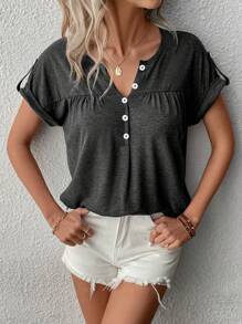 SHEIN LUNE Women's Casual Half-Button Short Sleeve T-Shirt, Spring/Summer