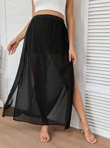 SHEIN Maternity Fashionable Summer Mesh Design Adjustable Split Hem Skirt - Black - View 3