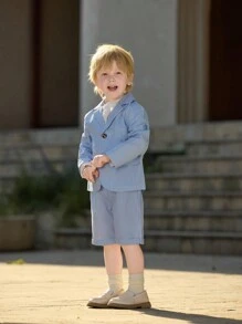 SHEIN Ensemble de 2 pièces Veste de costume rayée pour garçons élégants de style britannique à manches longues et shorts décontractés jusqu'au genou, tenue décontractée et confortable pour cocktail, anniversaire, mariage et voyage - Multicolore - Voir 3