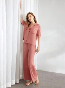 Ocili Leisure Women's Fashionable & Comfortable Solid Color Homewear Set Holiday Season Outfit - Pink - View 3