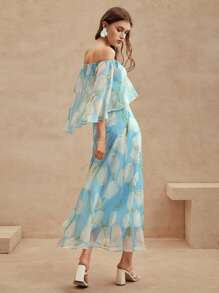 Anewsta Women's Casual Holiday Off Shoulder Blue Romantic Floral Dress - Blue - View 5