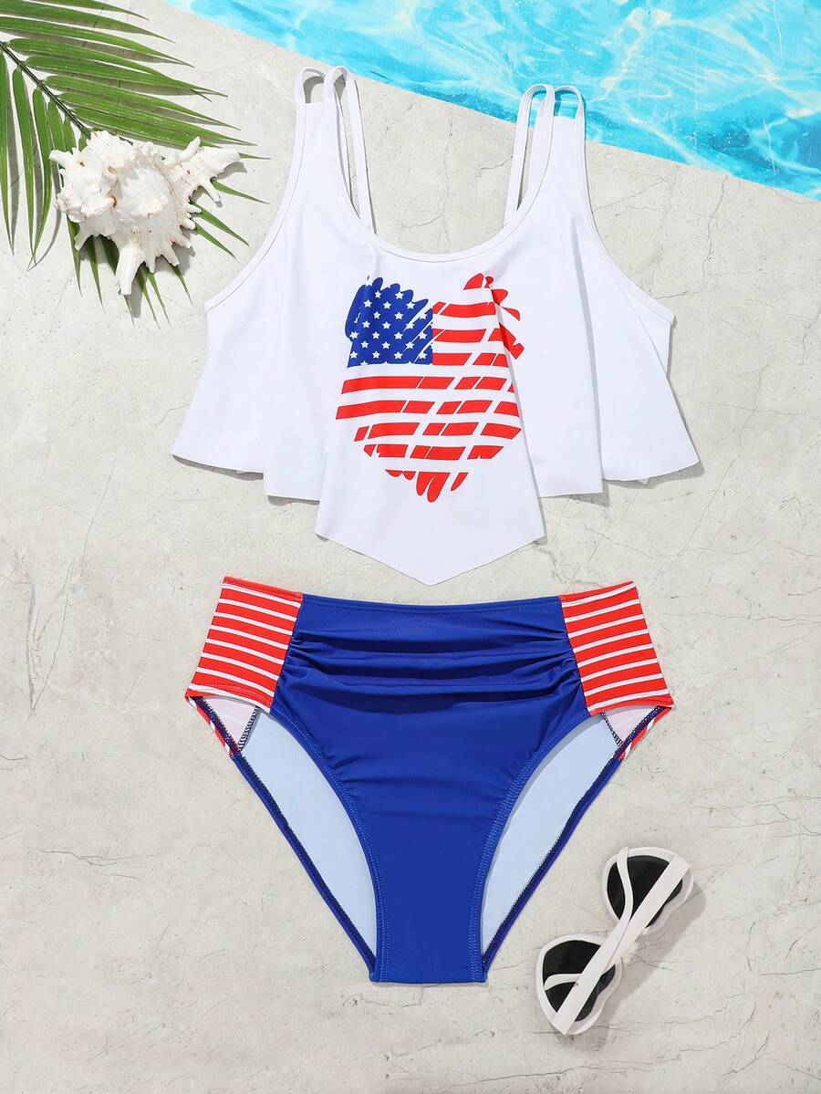 Đồ bơi đi nghỉ thường ngày in họa tiết dành cho các cô gái tuổi teen, Bộ bikini xếp nếp ngày 4 tháng 7 Trang phục ngày 4 tháng 7 - Nhiều màu - Xem 1