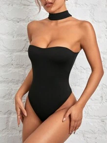 SHEIN PETITE Women's Halterneck Reversible Black Bodysuit