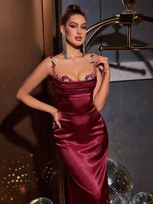 PARTHEA 细肩带花朵细节褶饰缎面优雅长裙派对礼服婚礼宾客礼服正式礼服晚礼服 - 酒紅色 - 查看 6