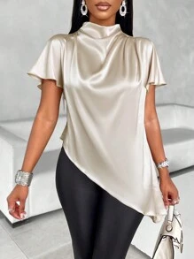 SOLERSUN Mock Neck Batwing Sleeve Satin Asymmetrical Hem Blouse,Short Sleeve Tops