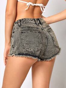 Women's Frayed Hem Summer Fashion Denim Shorts, Washed - Black - View 3