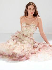 Enchnt 女士甜美浪漫，層疊荷葉邊夏季細肩帶連衣裙 - 粉色 - 查看 8