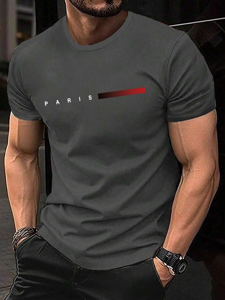 Men's Summer Letter Printed Crew Neck Short Sleeve Casual T-Shirt - Dark Grey - View 1