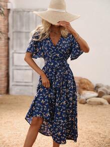 Breezaya Ditsy Floral Flutter Sleeve Overlap Collar Belted Dress - Navy Blue - View 6
