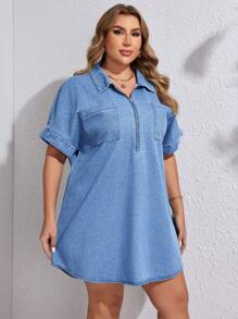 SHEIN SXY Plus Size Women's Simple Solid Color Short Sleeve Zipper Denim Dress