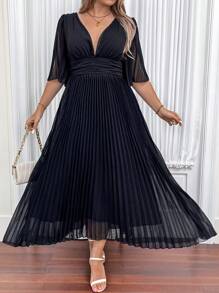 Celure Plus Size Women's Elegant Deep V-Neck Ruffle Short Sleeve Long Pleated Dress With Flowy Hem, Summer