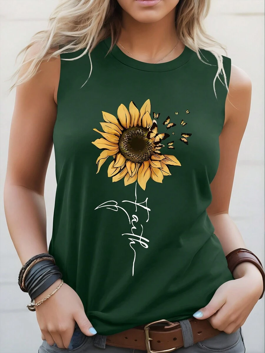 SHEIN LUNE Débardeur décontracté col rond imprimé tournesol et papillon grande taille pour femmes, été - Vert sapin - Voir 1
