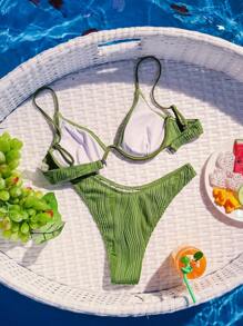 SHEIN Swim Women's Summer Beach Solid Color Textured Push Up Bikini Set With Separated Bikini Set, Underwire - Olive Green - View 2