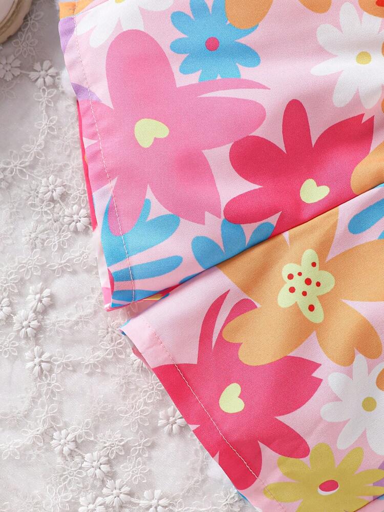 Baby Girl Summer Floral Printed Short Sleeve Shirt & Shorts With 3D Flower Decorated Strap