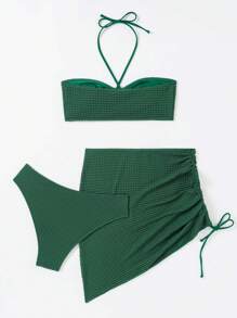 女性實色交叉剪裁露背比基尼泳衣套裝，附遮陽裙，夏季必備 - 綠色 - 查看 4