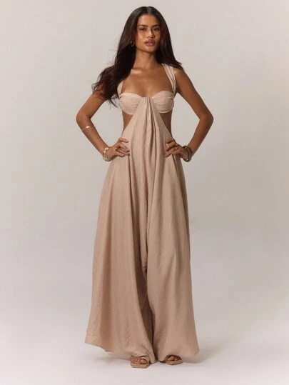 MUSERA Mono con busto fruncido y pernera extra ancha para vacaciones de verano, estilo bohemio, para invitada de boda, salida nocturna elegante