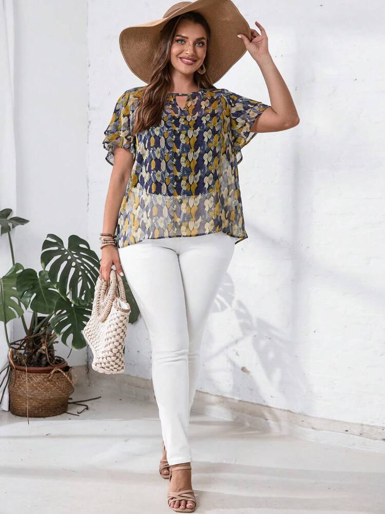 Plus Size Women'S Keyhole Neckline Butterfly Sleeve With All-Over Leaf Print Flower Shirt For Summer