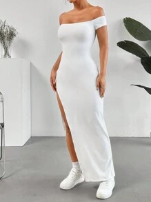 SHEIN EZwear Off Shoulder High Slit Dress - White - View 3