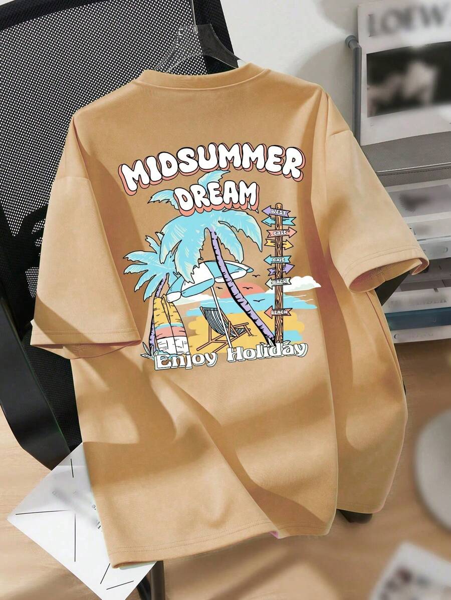 SHEIN Tween Boys Extended Size Casual Coconut Tree Beach Print Crew Neck Pullover Short Sleeve Knit T-Shirt For Holiday