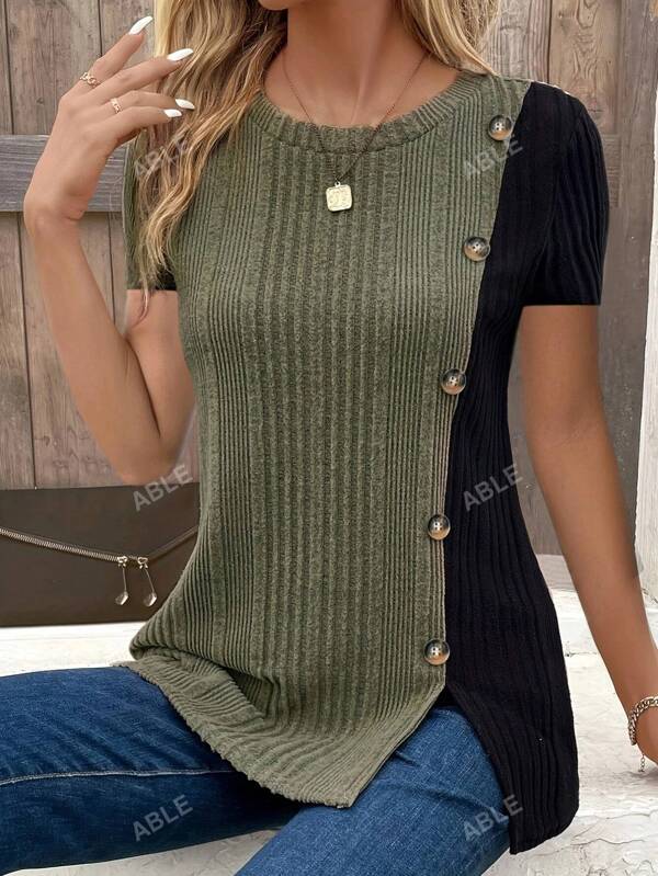 Women's Fashion Patchwork Button & Ribbed Short Sleeve T-Shirt, Summer