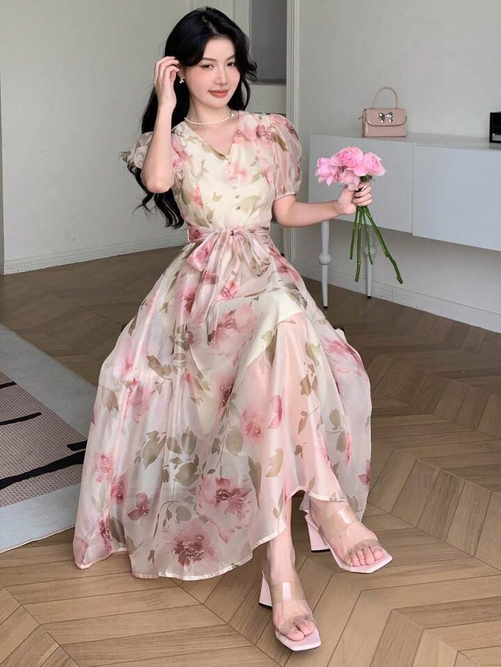 DAZY 女性用エレガントでロマンチックなフラワーパフスリーブ