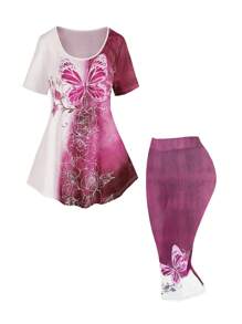 Plus Size Summer Butterfly Print Contrast Color T-Shirt & Leggings Casual 2 Pieces Set - Coral Pink - View 1