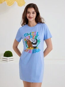 We Bare Bears X SHEIN 夏季卡通熊印花短袖連衣裙 - 淺色水洗藍 - 查看 6