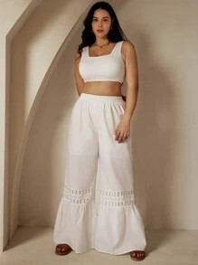 Femmeiva Plus Size Casual Flared Pants With Waist Cinched And Lace ...