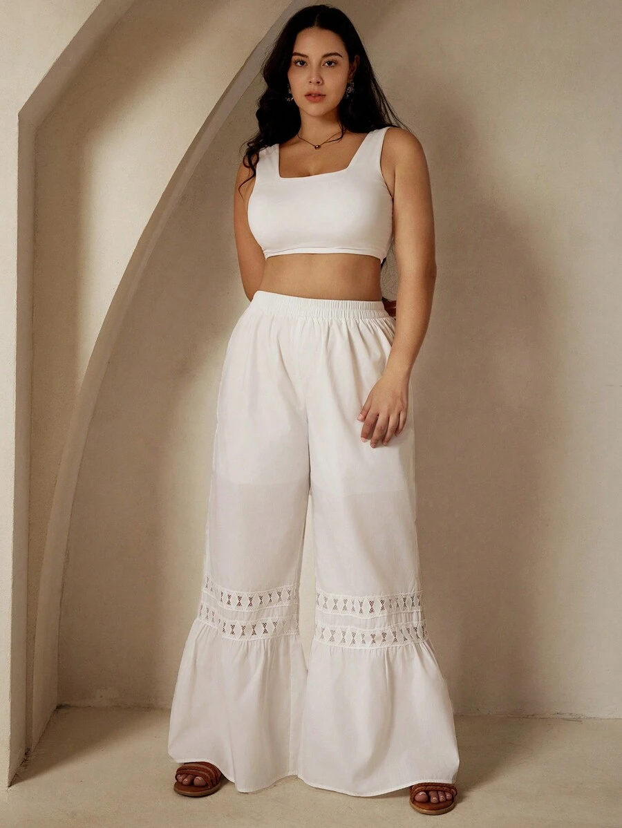 Femmeiva Plus Size Casual Flared Pants With Waist Cinched And Lace ...
