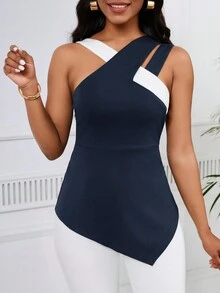 SHEIN Lady Débardeur femme asymétrique slim de couleur unie simple et mode avec design en croix - Bleu marine - Voir 3