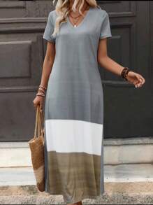 SHEIN LUNE Robe à manches courtes pour femmes à blocs de couleurs à la mode