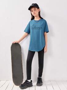 SHEIN Leap Crew 女大童標語圖案弧形下擺T恤和緊身褲 - 彩色 - 查看 6