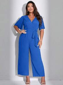 SHEIN Unity Women's Plus Size Solid Color Simple Daily Short Sleeve Jumpsuit - Royal Blue - View 5