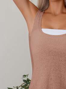 SHEIN Swim 女士纯色无袖吊带连衣裙 夏季 - 卡其色 - 查看 3