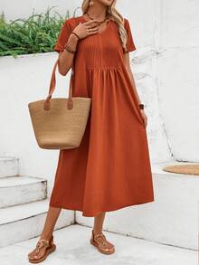 EMERY ROSE Women's Short Sleeve Plain V-Neck Summer Dress - Rust Brown - View 6