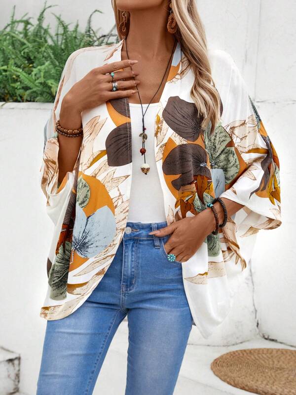 EMERY ROSE Casual Beach Cover-Up Kimono With Plant Print, Country Style Summer