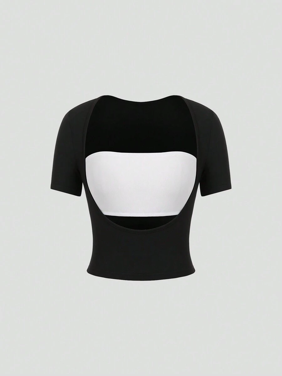 SHEIN Unity Women's Sexy Deep U-Neck Crop Top And Short Tee Set - Black and White - View 1