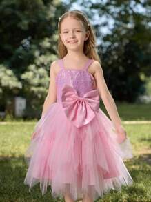 SHEIN Glamorique Kids Young Girl Sequin Patchwork Netting Bow Decoration Sleeveless Formal Dress - Pink - View 3