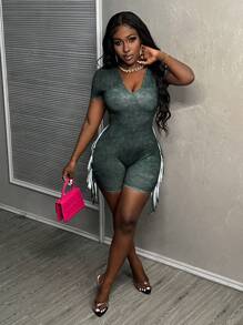 Slaydiva Casual Washed Print V-Neck Short Sleeve Fringe Tight Jumpsuit Unitard - Black - View 5