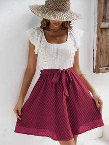 SHEIN Frenchy Colorblock Ruffle Trim Belted Dress Wedding Women Dresses Christmas Summer New Year Red Burgundy Casual - Burgundy - View 5